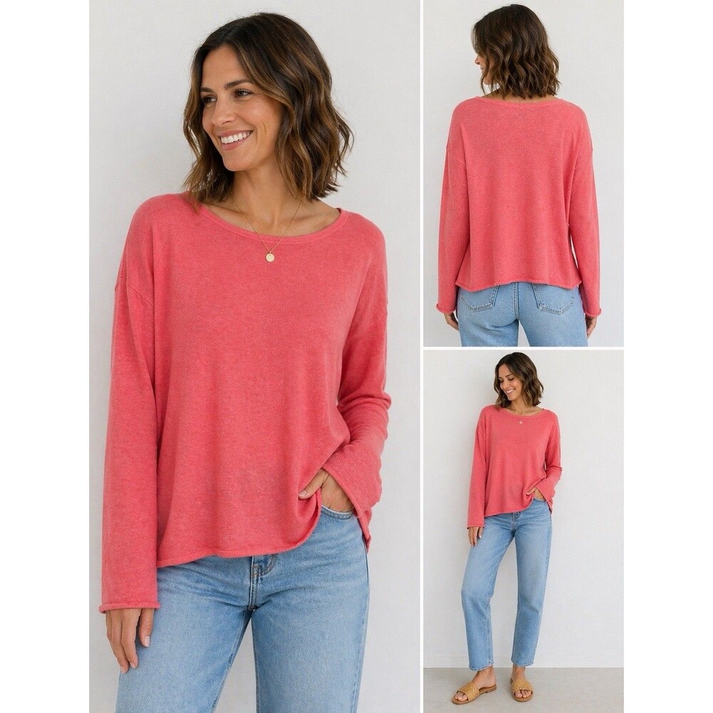 Eileen Fisher Linen Cotton Sweater S Pink Coral Lightweight Knit Top Effortless